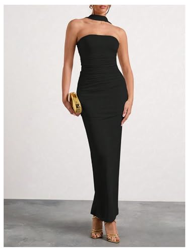 Milumia Women's Halter Neck Ruched Strapless Sleeveless Tube Bodycon Maxi Dresses4