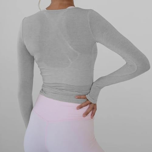 Women Wrap Tie Top Y2k Long SLeeve Ballet Workout Yoga Shirt Coquette Blouses3