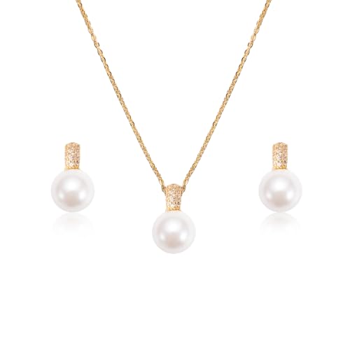 Classic Pearl Jewelry Set for Women – Elegant Pearl Necklace and Earrings Set with Gold Chain Jewelry Perfect as Special Occasion Gift