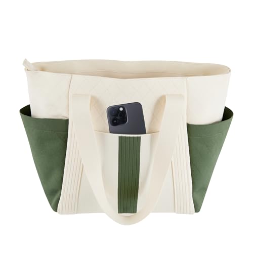 Large Canvas Tote Bag,White and Green, with Laptop Sleeve and Multiple Pockets