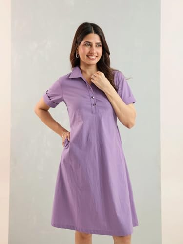 Image of Amazon Brand - INKAST Women Wide Collared Solid A -line Bottuned Mini Dress with Pockets | Summer Outfits | 100% Cotton | Casual Wear | One Piece