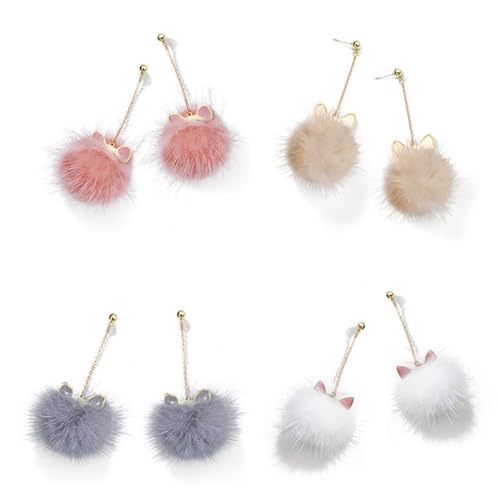 Cute Rabbit Fur Pom Pom Earrings - Faux Fur Ball Fluffy Cat's Ears Long Mink Dangle Drop Earrings - Red, Pink, White - Christmas & Birthday Jewelry Gift for Women & Teen Girls4