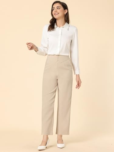Allegra K Elegant Business Pants for Women's Elastic Waist Button Decor Straight Leg Work Trousers4