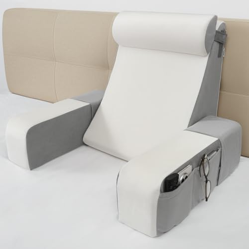 Vekkia Reading Pillow with Adjustable Arms & Headrest – Zoned Foam Support, XL Side Pockets, Removable Cover, Back Support Chair for Reading, Gaming, Post-Surgery Recovery in Bed or Floor, 21