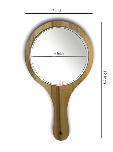 Image of Round Shape Makeup Large One Sided Wooden Hand Mirror with Wood Handle Mirror for Women n Men