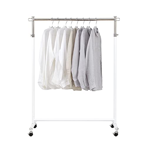 PUCHIKA Kleiderständer auf Rollen, Höhenverstellbare Kleiderstange, bis 100kg belastbar, Garderobenstände aus Hochwertiger Edelstahl, Silber und Weiß, LxBxH: (102-110) x 42x (103-170) cm Cover