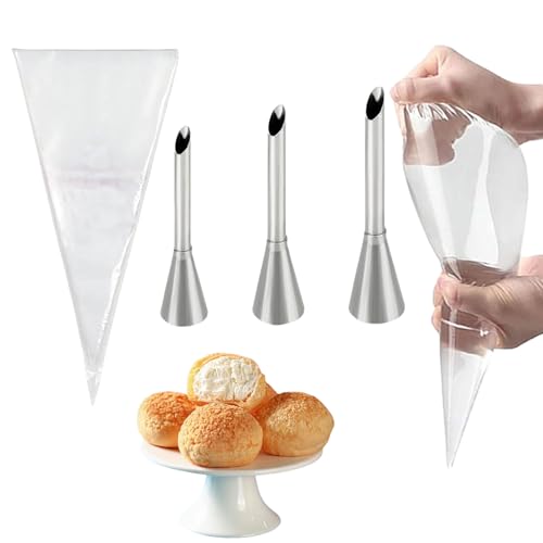 Spritztüllen Lang 3 Stück Krapfenspritze Pufffüll Fülltülle mit 20 Stück Spritzbeutel Edelstahldüsen Kuchen zum Füllen von Marmeladen Blätterteig (A)