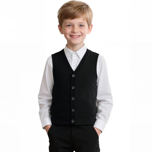 Yanmucy Boys Girls Knitted Vest V-Neck Sleeveless Knitwear Sweater School Uniform Matching Shirt Jumper for Kids 5-14 Years (US, Age, 7 Years, 8 Years, Black)