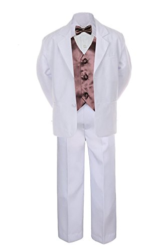 7pc Brown Vest Bow Tie Boy Baby Toddler Kid White Formal Suit Tuxedo S-20 (12)