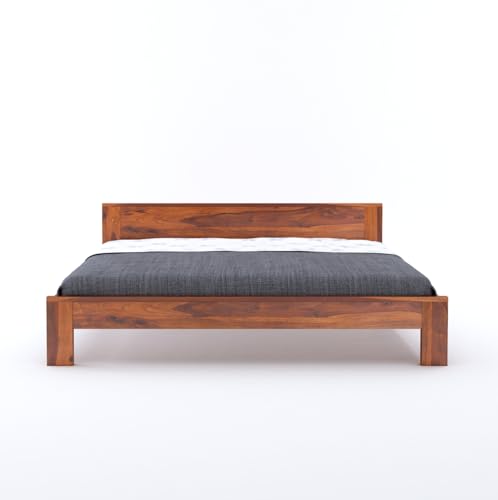 Image of Wooden King Size Bed Without Storage | Wooden Double Bed Cot Bed for Bedroom Furniture | Palang Double Bed for Hotels | Basic Headboard | Solid Sheesham Wood | Honey Finish