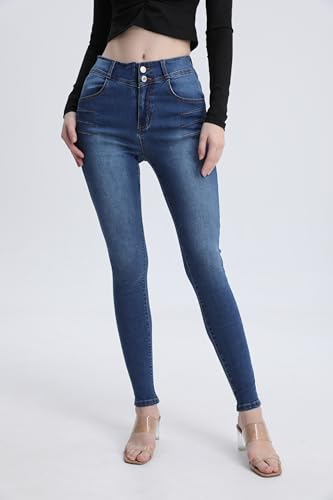 Women's High Waisted Skinny Jeans Stretch Blue Wash Denim, Double Button Closure, Tummy Control2