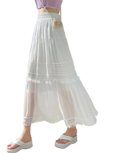 Women High Waisted Lace Patchwork Midi Skirt High Waist Tassel Solid A-Line Pleated Skirts3