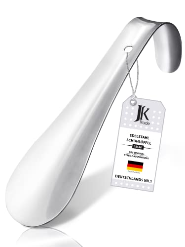 JK Trade® Das Original | 15cm STABILER Edelstahl Schuhlöffel | Schuhanzieher Edelstahl zum Reisen | Schuhlöffel klein für Unterwegs | optimierte Länge & Breite | Shoe Horn | Business Aufhängbar Cover