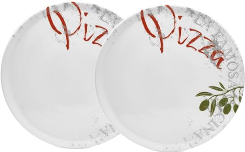 Van Well Famosa Lot de 2 grandes assiettes à pizza italiennes, diamètre 33 cm, blanches, en porcelaine, pour pizza, pâtes et salade, passent au micro-ondes,...