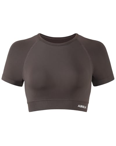 Image of AUROLA Influence Women Crop Top Short Sleeve Compression Workout T-Shirt | Raglan Short Sleeve Crop Top, High-Stretch Seamless Knit, Stay-Put Ribbed Underband, Soft Breathable Comfort