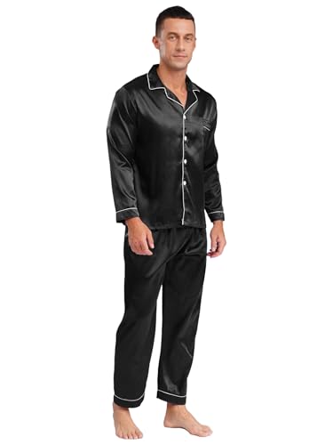 Men's Silk Satin Pajamas Set Long Sleeve Pjs Sets Classic Loungewear Button-Down Sleepwear4