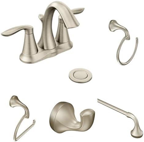 Moen Eva Brushed Nickel 4-Inch Centerset Bathroom Faucet Bundle with 24-Inch Towel Bar, Hand Towel Ring, Robe Hook, and Toilet Paper Holder