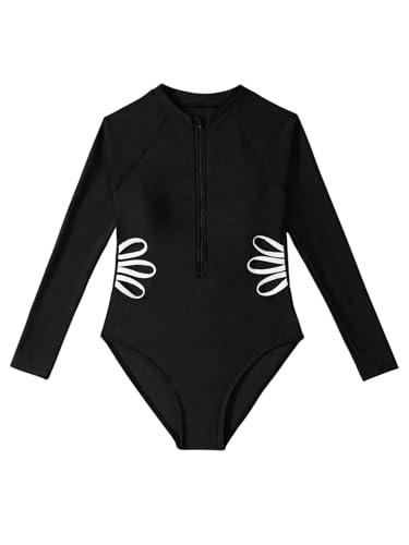 MakeMeChic Girl's One Piece Swimsuit Long Sleeve Crew Neck Zip Up Summer Bathing Suit
