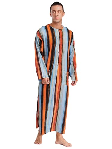 Jhaoyu Muslim Clothing for Men Striped Long Gown Long Sleeves Button-up Nightshirt Abayas with Pockets3