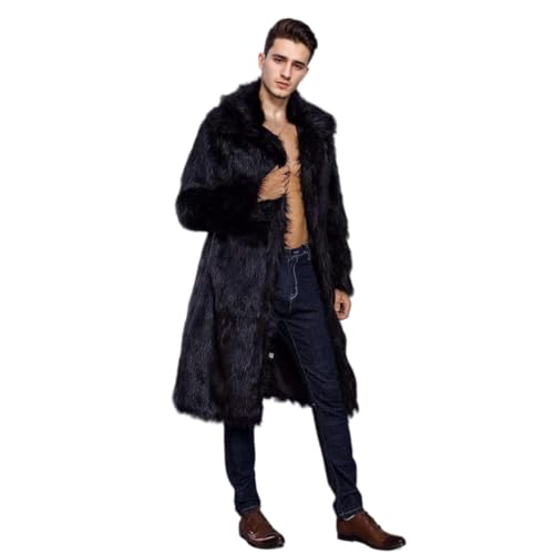 UMREN Mens Faux Fur Coat Long Black Jacket Warm Furry Overcoat Outwear2