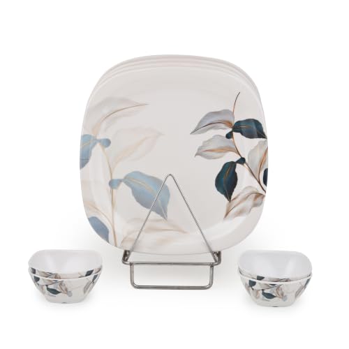 Image of Golden Fish Melamine Square Dinner Plate & Bowl Set of 8 (4 Plates + 4 Veg Bowls) | Blue-Grey Botanical Leaf Print | Unbreakable, Dishwasher & Microwave Safe