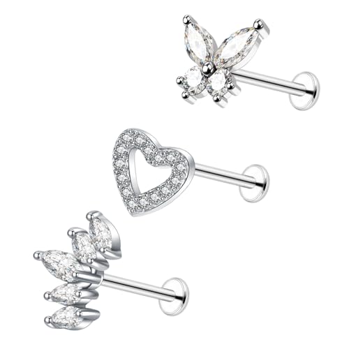 Besyvvin 3pcs Piercing Helix Lèvres Stud 10mm Acier Chirurgical Argent Piercing Tragus Cartilage Labret Stud Papillon Fleur