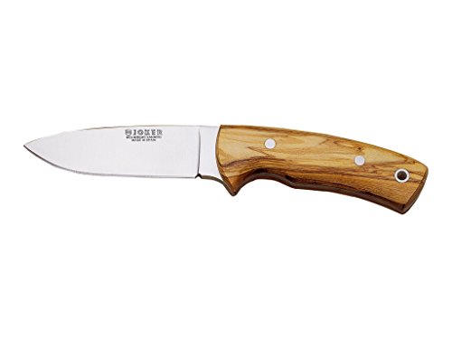 Joker Cuchillo Bushcraft Corzo CO25, cachas de Madera de Olivo, Hoja de 10 cm MOVA, Funda de Cuero Color marrón, Herramienta de Pesca, Caza, Camping y Senderismo