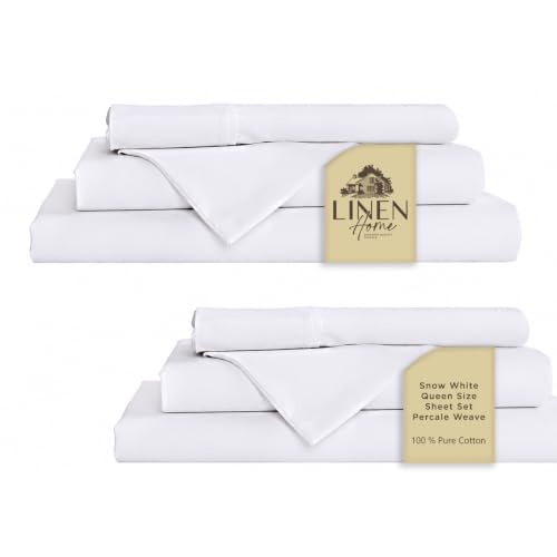 Image of Linen Home 2-Pack Queen Sheet Set, 100% Cotton Percale Bedding, 8-Piece Value Bundle, Deep Pocket Cooling Bed Sheets for Hot Sleepers, Breathable & Crisp Hotel Quality, Long-Staple Cotton, Snow White