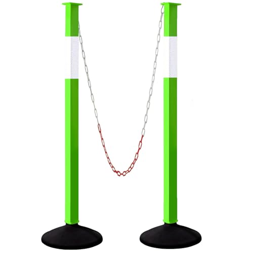Traffic Delineator Post with Weighted Base & Reflective Collars, Adjustable Parking Cones with 4 FT Chains, Portable Green Driveway Barrier Pole for Traffic Crowd Control(Patented)
