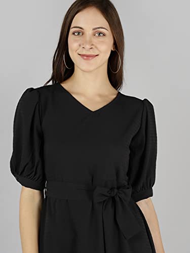Image of SEREIN Women's Mini Dress (Solid Crepe Dress with Puff Sleeves, v-Neck & Waist Belt)