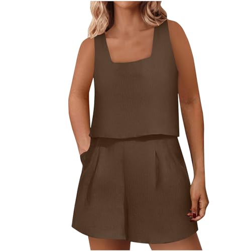 Generic All My Recent Orders Womens Summer 2 Piece Outfits Square Neck Sleeveless Crop Tank Top Shorts Set Casual Cute Beach Lounge Set with Pocket Conjuntos De Salón, XX-Large, A01_brown