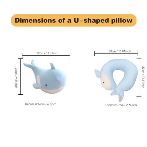Image of Kids Travel Pillow - 2-in-1 Deformable Kids Neck Pillow for Traveling, Soft U-Shaped Pillow with Adorable Animal Design, Comfy Sleep and Play, Ideal for Airplanes and Cars - Blue Whale