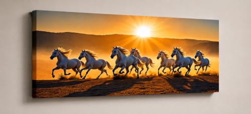 Image of 7 Horse Vastu Sunrise Canvas Painting | Positive Energy Wall Decor | Big Size Premium Running Horses Artwork for Home, Office & Hall Decoration (Modern, Golden Horse, 44x20 Inch)