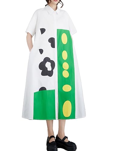 Image of ellazhu Women's Dress Loose Color Block Short Sleeve Button Down Mock Neck Shirt Dots Flower GZ211
