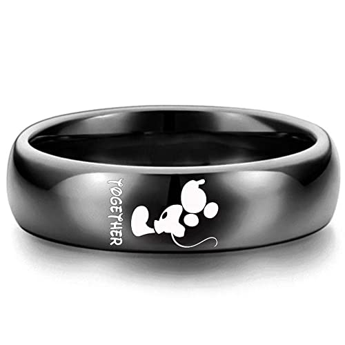 XAHH His and Hers Titanium Steel Couple Rings Mickey Mouse Kiss Forever Together Promise Wedding Band Black【Please Buy 2 Rings as a Pair】4