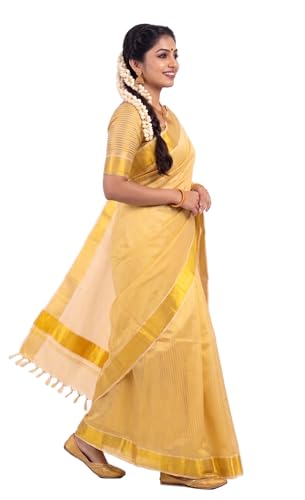 Image of Kerala Traditional Tissue Saree for Women with Running Blouse | South Indian Ethnic Saree for Weddings Onam Vishu Temple Wear & Festivals