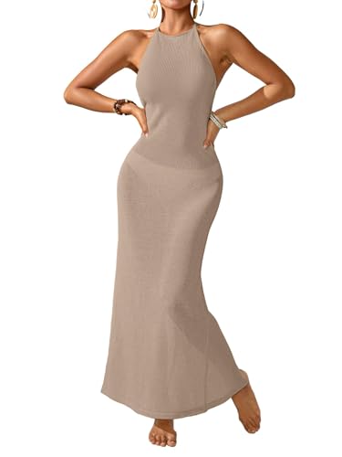 Womens Crochet Knit Slim Fit Beach Midi Wrap Dress Summer 2025 Sexy Halter Backless Slit Bathing Suit Cover Up