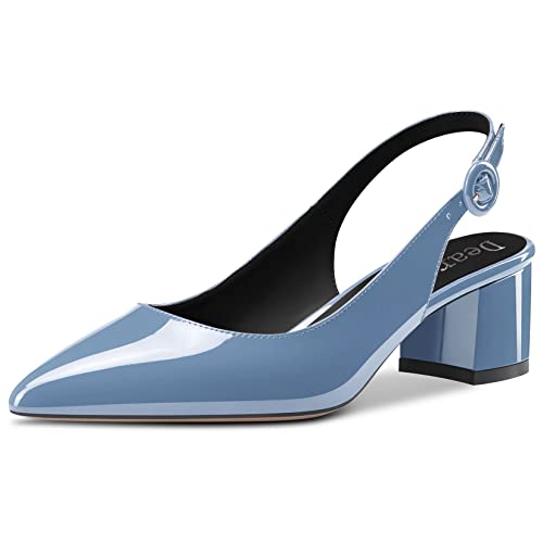 DearOnly Womens Pumps Low Kitten Block Chunky Heel Slingback Pointed Toe Slip On Patent Dress Shoes Cute Office Classic Vintage 2 Inch