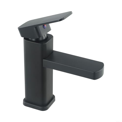 TONIXY Grifo mezclador moderno de lavabo cuadrado con acabado en cromo negro, monomando, para montaje en cubierta, grifo de cascada para baño, con salida de desagüe emergente para agua fría y caliente