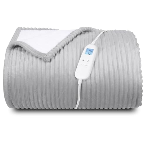 Electric Heated Blanket Queen Size 84 x 90 | 6 Heating Levels & 8h Auto Timer | Full Body Fast Heating and Ultra Soft Flannel Machine Washable Bed Sofa Home Office Use Light Grey
