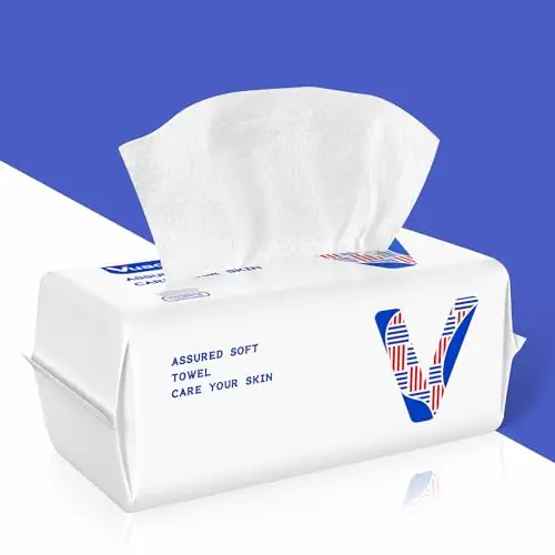 Vuacepe Disposable Face Clean Towel, Biodegradable Soft Facial Tissue for Sensitive Skin, Lint-free Facial Cleansing Towels, Dry Makeup Remover Wipes, Makeup Removing, Travel, Surface Cleaning-100Ct
