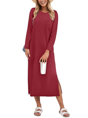 Image of ANRABESS Women Fall Long Sleeve Midi T Shirt Dresses with Pockets