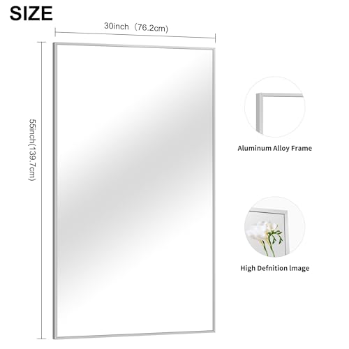 Image of COFENY 30x55In Silver Bathroom Mirror for Wall, Brushed Nickel Rectangle Mirrors with Metal Frame, Bathroom Rectangular Mirror Modern Wall Mirror for Bedroom Living Room, Hangs Horizontal or Vertical