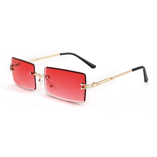 FEISEDY Rimless Rectangle Sunglasses - Vintage Candy Color - Beach Driving Fashion Accessory B2642 Red
