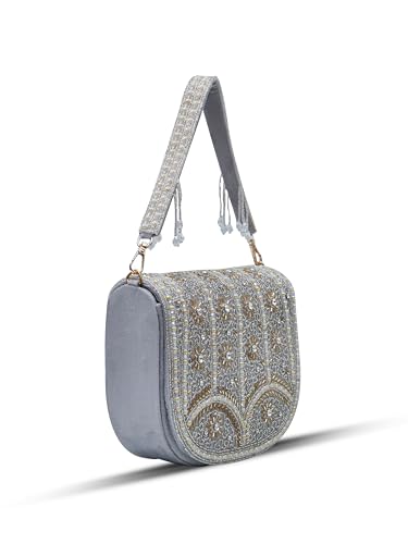 Image of THE TAN CLAN Kavya Beige Flap Over Bag Clutch Purses Luxury Evening Handbags with Handle