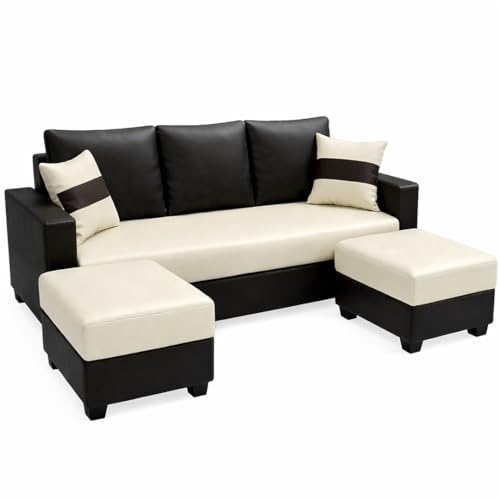 Image of Strike Dual Tone 5 Seater L Shape Leatherette Sofa Set with 2 Movable Ottomans | Flexible Layout | Premium Leatherette Upholstery | for Living Room & Office Spaces (Black & Cream) | Breathable Material