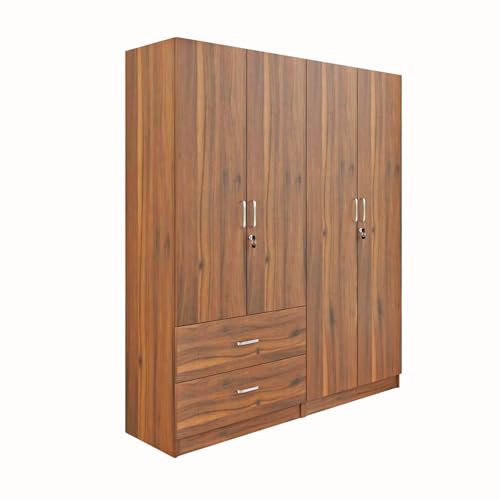Image of VIKI Wardrobe | TuWooden Almirah for 4 Door 2 Drawer with Shelves & Hanging Space Wardrobe (Brussel Walnut - 40D x 160W x 180.8H) | 1 Year Warranty | Free Assembly