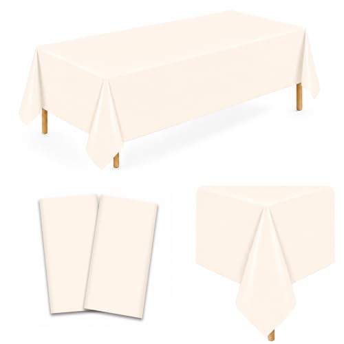Image of WNINK 2 Pack Ivory Plastic Tablecloths, 54 x 108 Inch Disposable Covers | Ideal for Weddings, Bridal Showers, Baby Showers and Birthdays, Helping Protect Tabletops from Spills and Simplify Cleanup