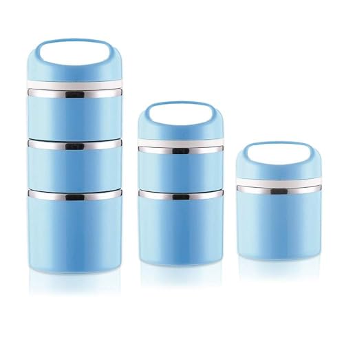 Lille Home Stackable Stainless Steel Thermal Compartment Lunch/Snack Box, 3-Tier Insulated Bento/Food Container with Lunch Bag, Utensils Set and Three Extra Seals, 43OZ (Blue)