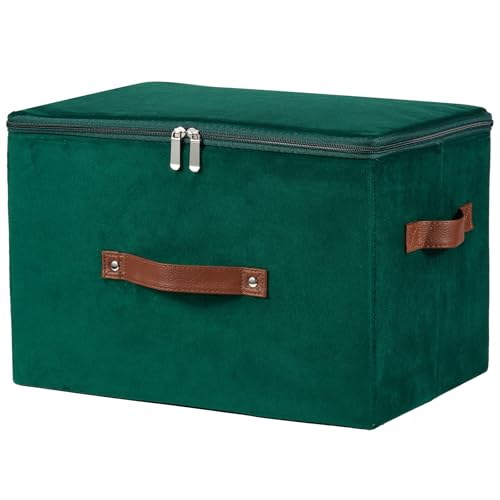 VinneGenzz Velvet Storage Bin with Zipper Lid, Large, Green